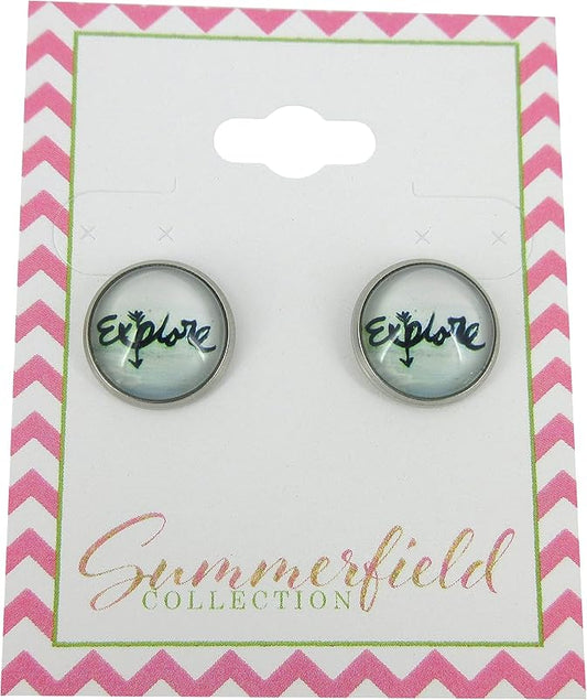 Summerfield Collection Stainless Steel Explore Print Glass Stud Earrings 12mm