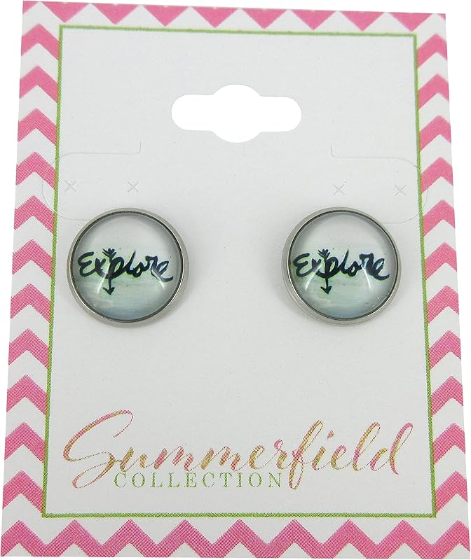 Summerfield Collection Stainless Steel Explore Print Glass Stud Earrings 12mm