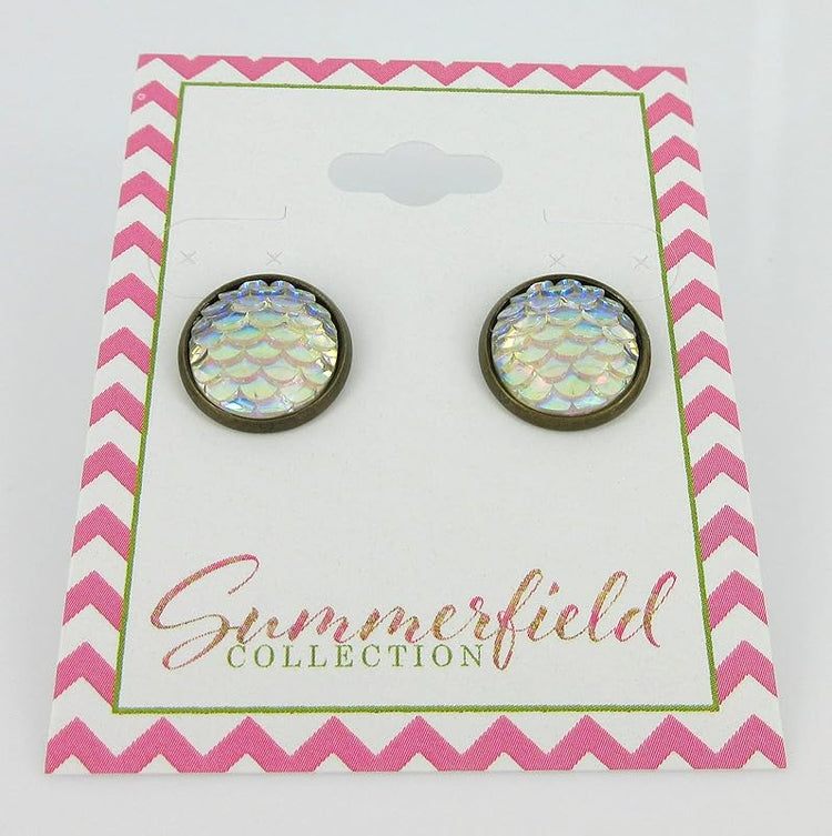 Summerfield Collection Antiqued Gold-tone Metallic Mermaid Scale Stud Earrings 12mm (Clear AB)