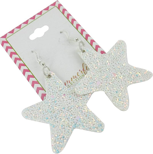 Summerfield Collection Glitter Faux Leather Large Star Dangle Earrings (White with Pink and Lt Blue)