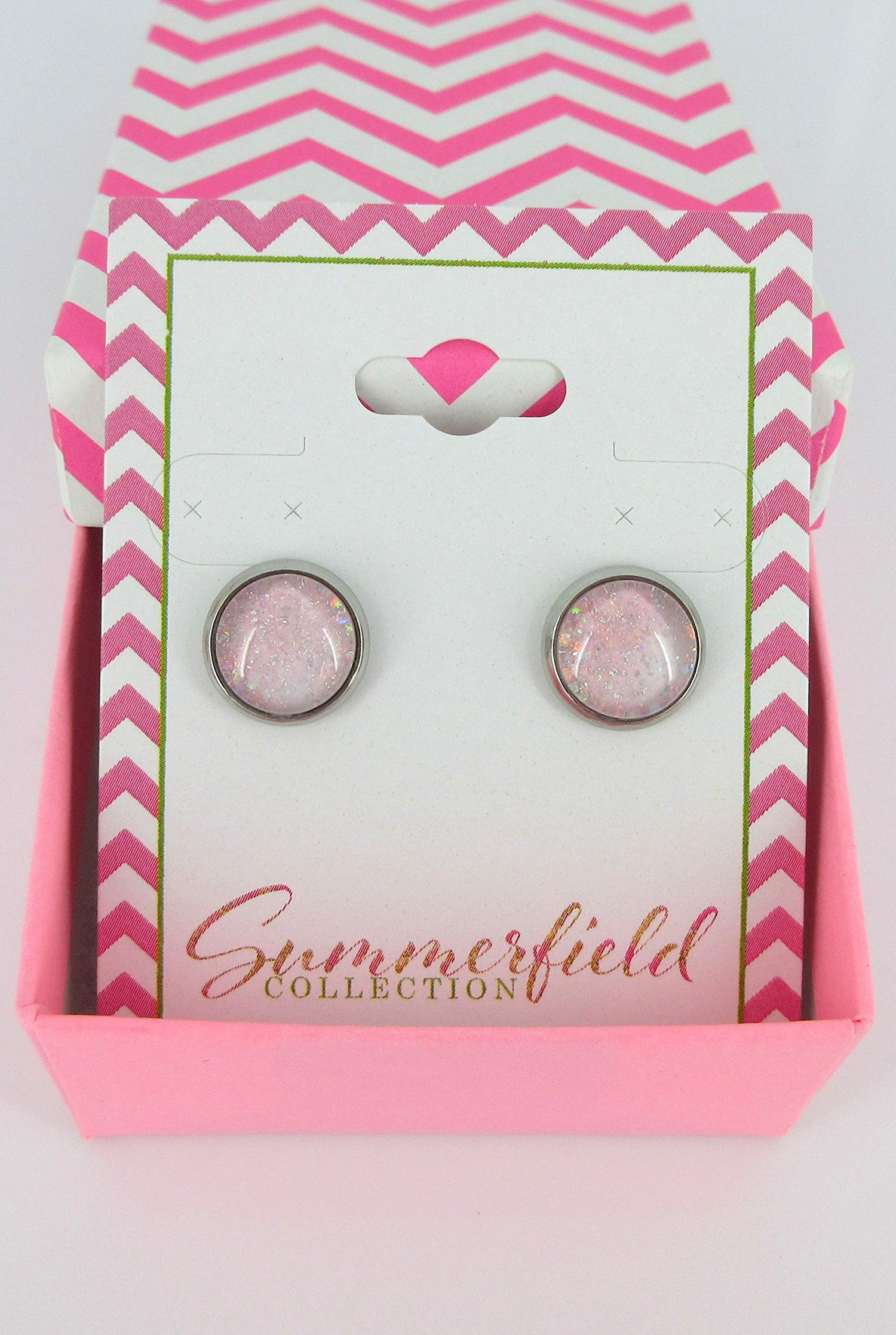 Stainless Steel Pale Pink and Iridescent Glitter Glass Stud Earrings Hand-painted 10mm