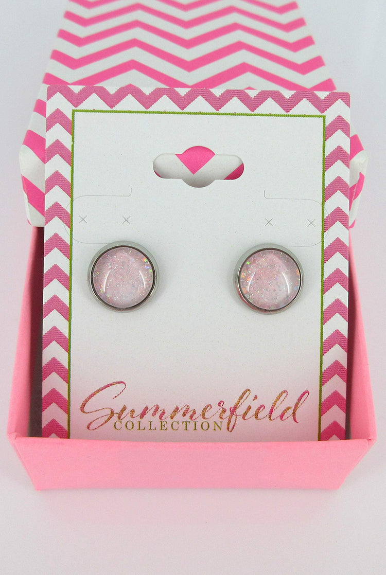 Stainless Steel Pale Pink and Iridescent Glitter Glass Stud Earrings Hand-painted 10mm