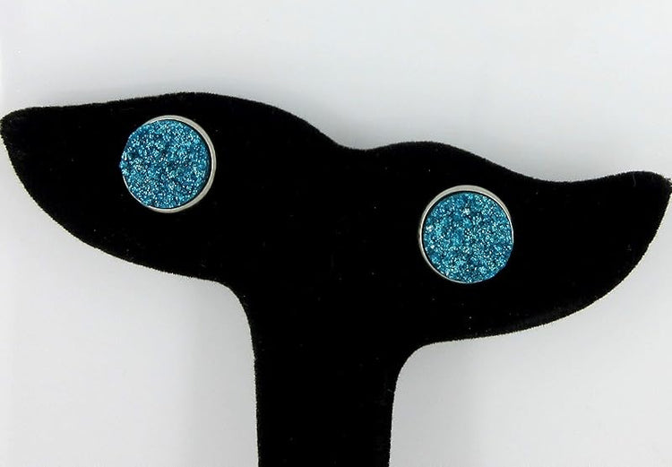 Summerfield Collection Duo Stainless Steel Glitter Faux Druzy Stone Stud Earrings Set (Lilac Purple/Aqua Blue) 12mm
