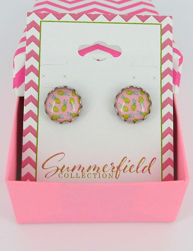Summerfield Collection Stainless Steel Pink Pineapple Print Glass Stud Earrings 12mm