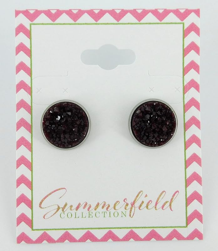 Summerfield Collection Stainless Steel Matte Faux Druzy Stone Stud Earrings 12mm (Black Cherry)