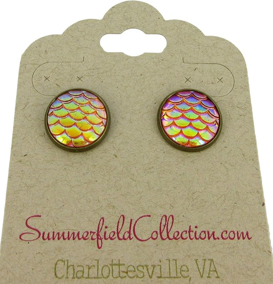 Summerfield Collection Antiqued Gold-tone Metallic Mermaid Scale Stud Earrings 12mm (Orange/Yellow AB)