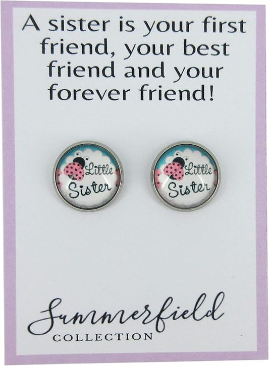 Summerfield Collection Stainless Steel Sister Print Glass Stud Earrings 12mm (Little Sister)
