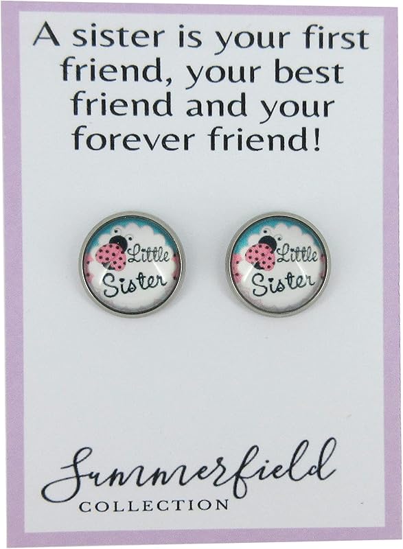 Summerfield Collection Stainless Steel Sister Print Glass Stud Earrings 12mm (Little Sister)