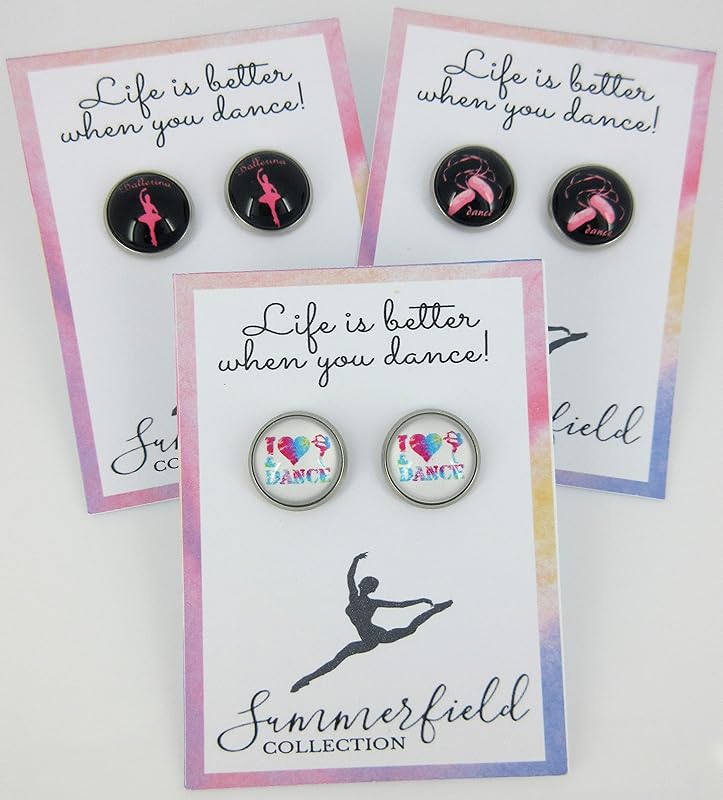 Summerfield Collection Stainless Steel I Heart Dance Print Glass Stud Earrings 12mm (Ballerina)