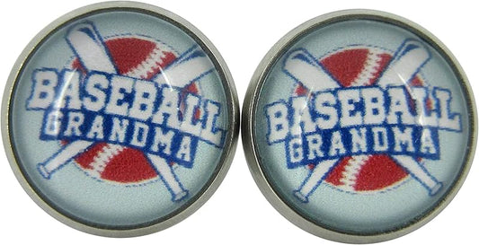 Summerfield Collection Stainless Steel Baseball Grandma Print Glass Stud Earrings 12mm
