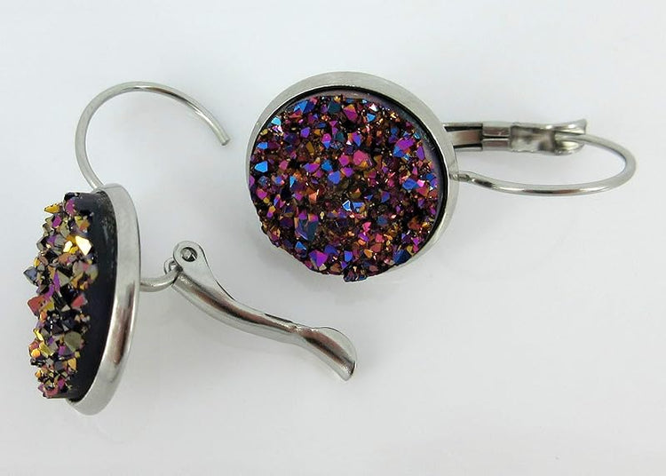 Summerfield Collection Stainless Steel Faux Druzy Stone Lever-back Drop Earrings 14mm (Pink/Purple/Teal)