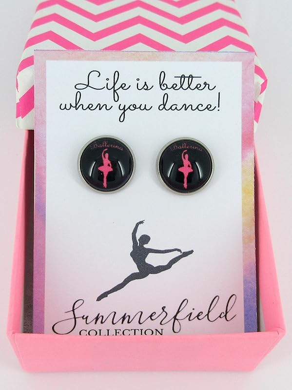 Summerfield Collection Stainless Steel I Heart Dance Print Glass Stud Earrings 12mm (Ballerina)