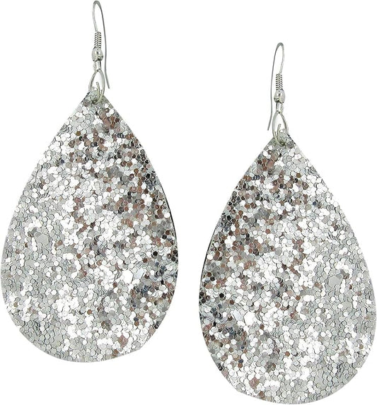 Summerfield Collection Silver-tone Glitter Faux Leather Large Teardrop Dangle Earrings (Silver)