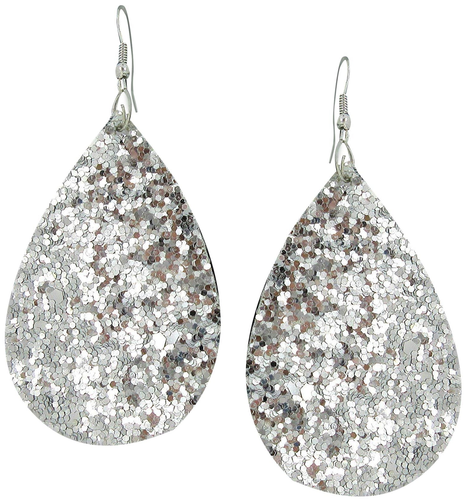 Silver Glitter Faux Leather Large Teardrop Dangle Earrings