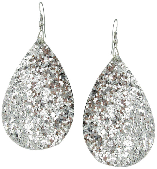 Silver Glitter Faux Leather Large Teardrop Dangle Earrings