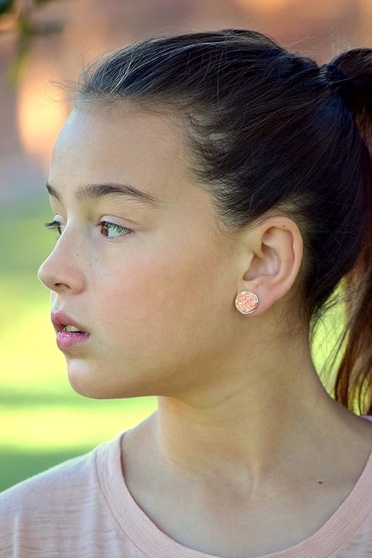 Summerfield Collection Peaches and Green Trio Silver-tone Stud Earrings 12mm Nude Coral AB Faux Druzy Stone Set