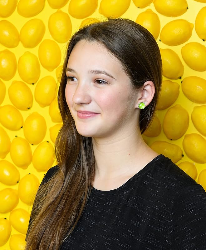 Summerfield Collection Stainless Steel Hibiscus Flower Print Glass Stud Earrings 12mm Hawaiian (Lime Green)