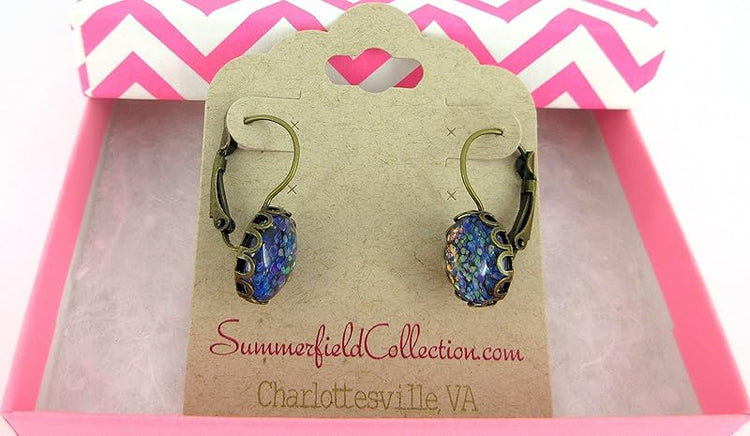 Summerfield Collection Antiqued Gold-tone Purple Blue Green Iridescent Glitter Glass Lever-back Earrings Hand-painted