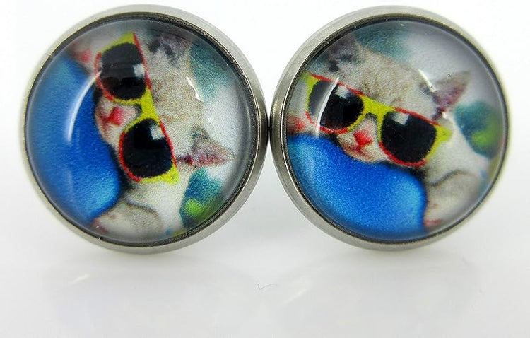 Summerfield Collection Stainless Steel Cat Lover Printed Glass Stud Earrings 12mm (Cool Cat)