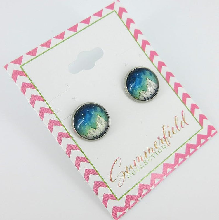 Summerfield Collection Stainless Steel Night Sky Snowy Mountain Print Glass Stud Earrings 12mm