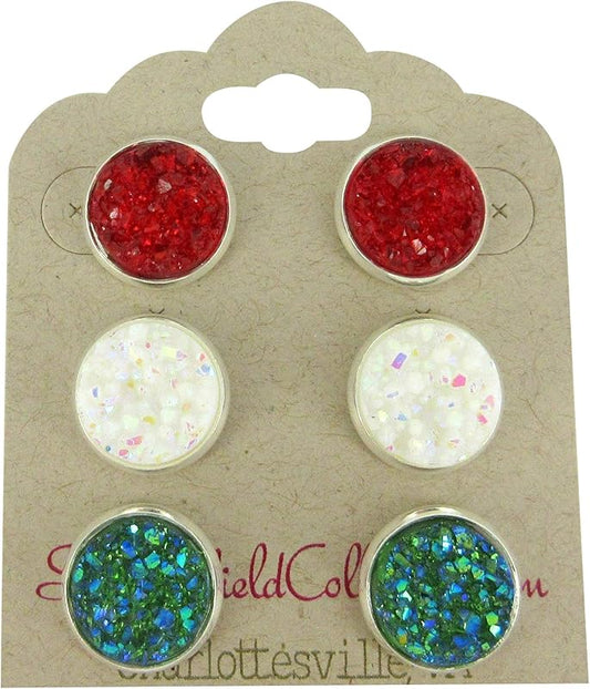 Summerfield Collection Trio Silver-tone Stud Earrings Faux Druzy Stone Red White AB Green Set 12mm