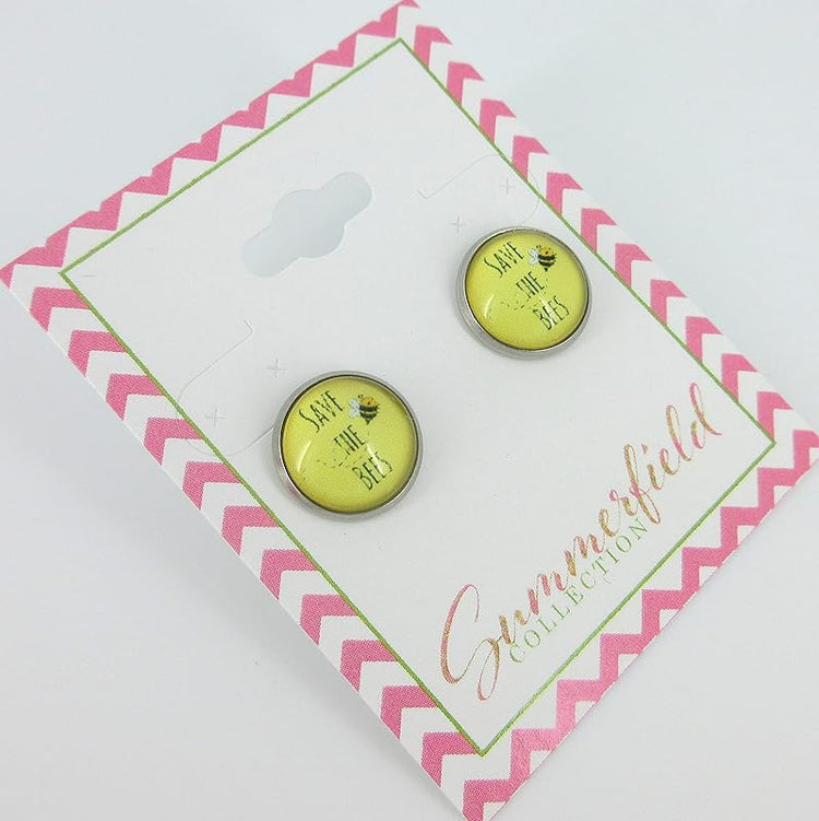 Summerfield Collection Stainless Steel Save the Bees Print Glass Stud Earrings 12mm Yellow and Black