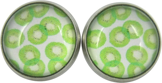 Summerfield Collection Stainless Steel Kiwi Fruit Print Glass Stud Earrings 12mm Green and White