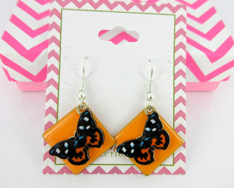 Silver-tone Orange Enamel Butterfly Charm Dangle Earrings