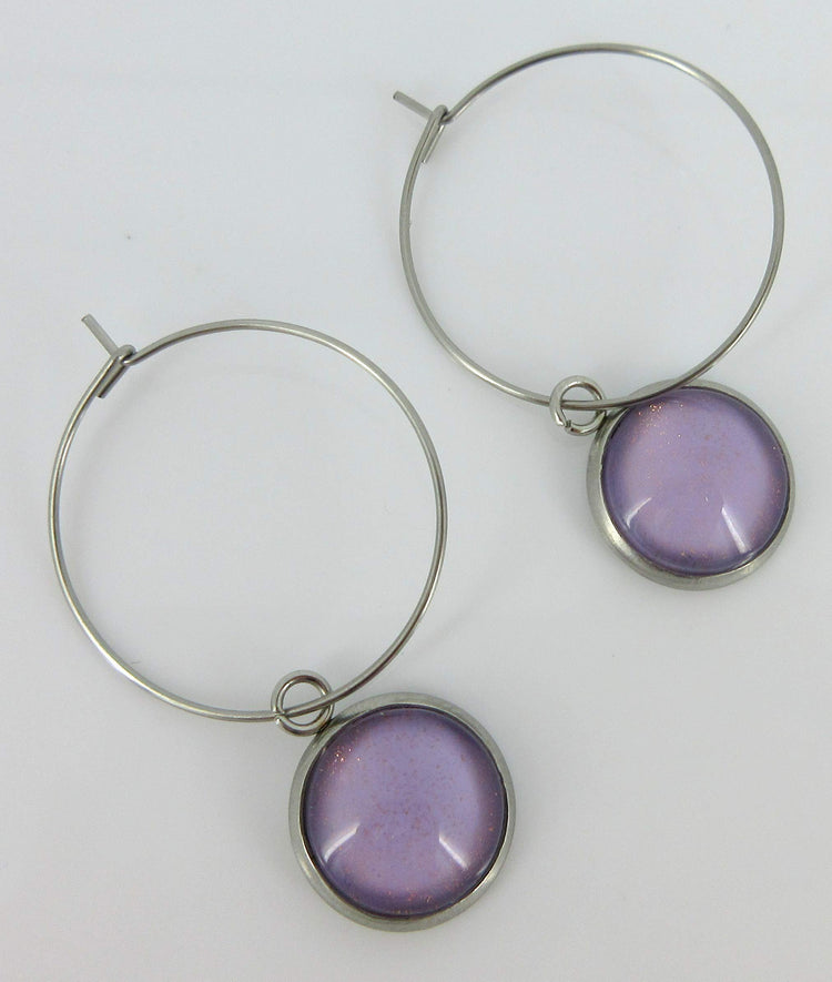Stainless Steel Lavender Purple Glass Charm Hoop Earrings Hand-painted 1"
