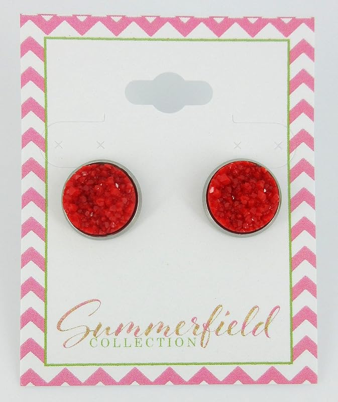 Summerfield Collection Stainless Steel Matte Faux Druzy Stone Stud Earrings 12mm (Classic Red)