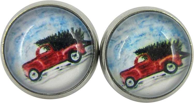 Summerfield Collection Stainless Steel Red Truck Christmas Tree Print Glass Stud Earrings 12mm