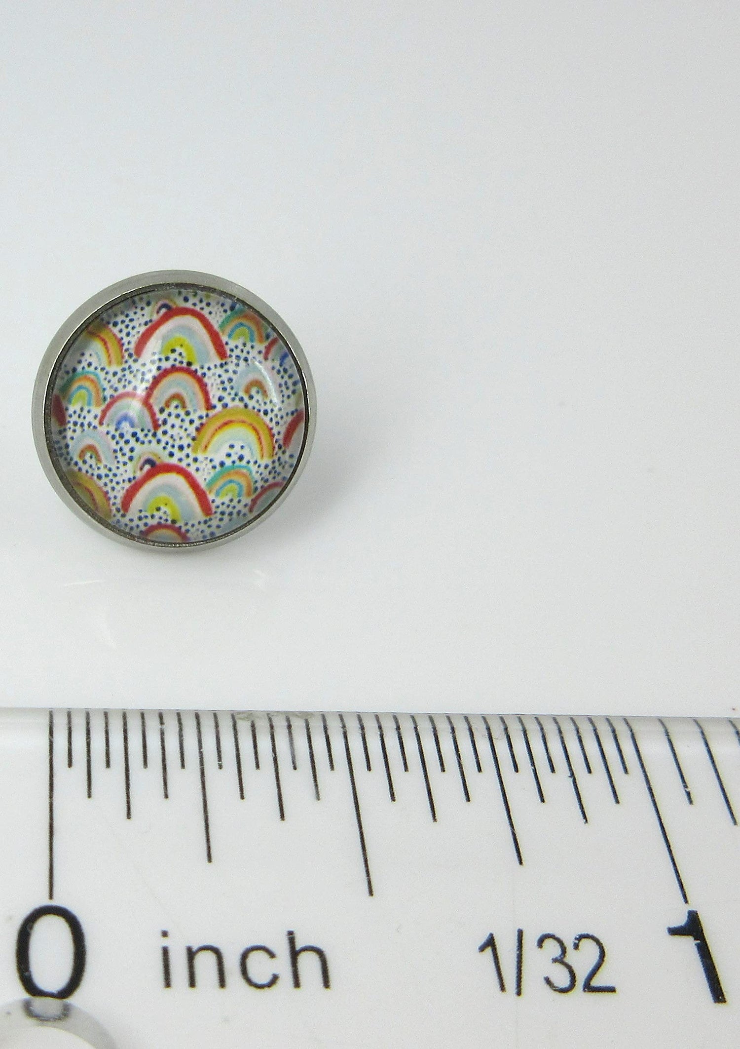 Stainless Steel Yellow Blue Vintage Rainbows Print Glass Stud Earrings 12mm Dots