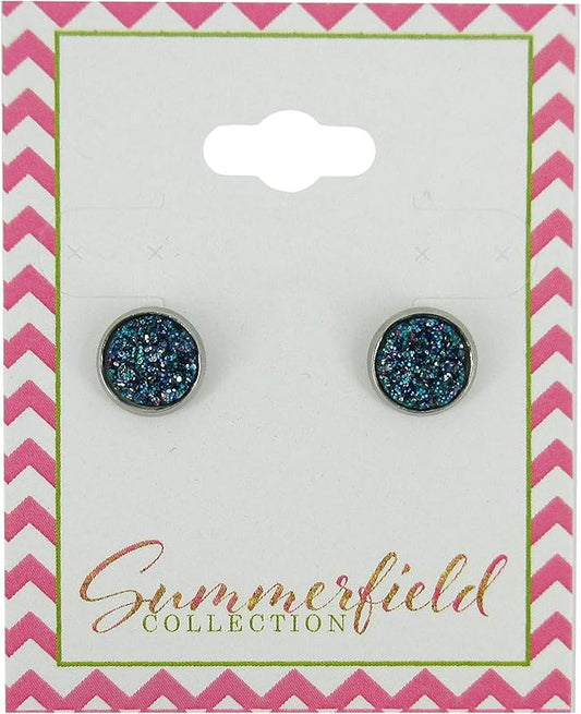 Summerfield Collection Stainless Steel Glitter Faux Druzy Stone Stud Earrings 8mm (Blue and Silver)