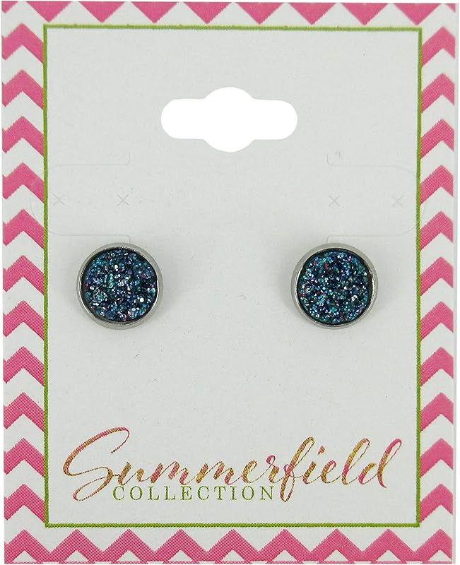 Summerfield Collection Stainless Steel Glitter Faux Druzy Stone Stud Earrings 8mm (Blue and Silver)
