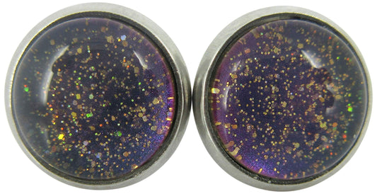 Stainless Steel Blue Purple Gray Glitter Glass Stud Earrings Hand-painted 10mm