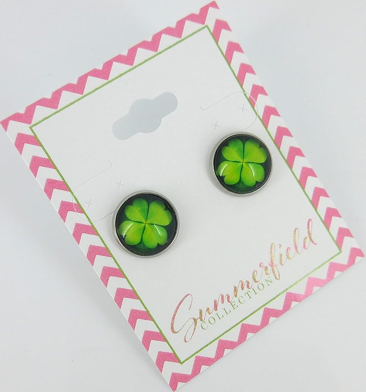 Summerfield Collection Stainless Steel Lucky 4 Leaf Clover Print Glass Stud Earrings 12mm