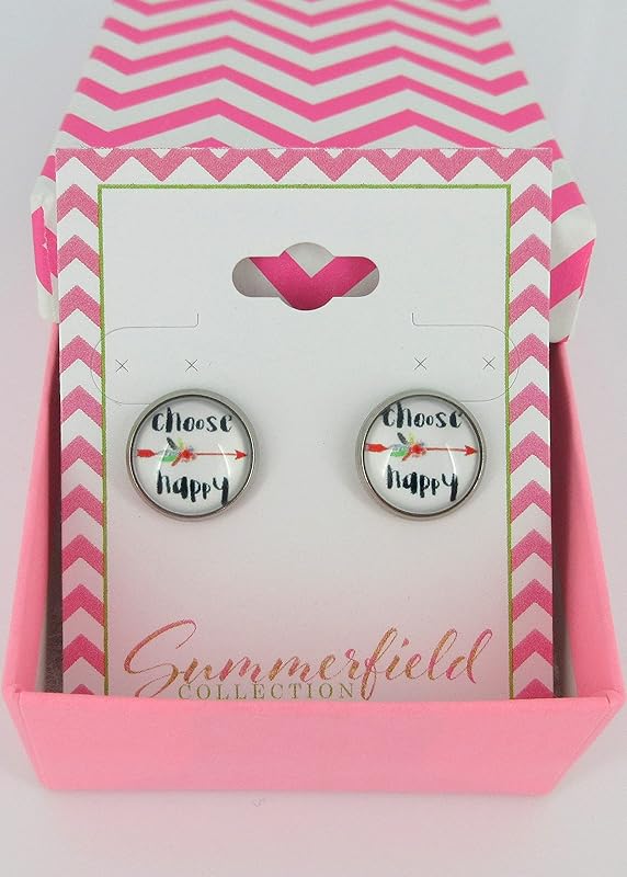 Summerfield Collection Stainless Steel Choose Happy Print Glass Stud Earrings 12mm