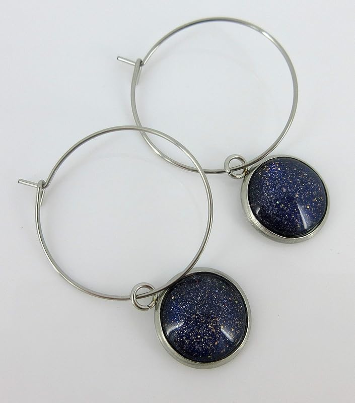 Summerfield Collection Stainless Steel Dark Purple and Gold Glitter Glass Charm Hoop Earrings Hand-painted 1"
