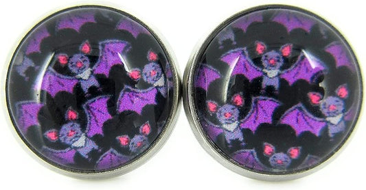 Summerfield Collection Stainless Steel Halloween Printed Glass Stud Earrings 12mm (Purple Bat)