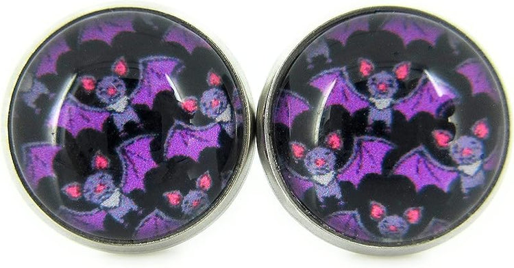 Summerfield Collection Stainless Steel Halloween Printed Glass Stud Earrings 12mm (Purple Bat)