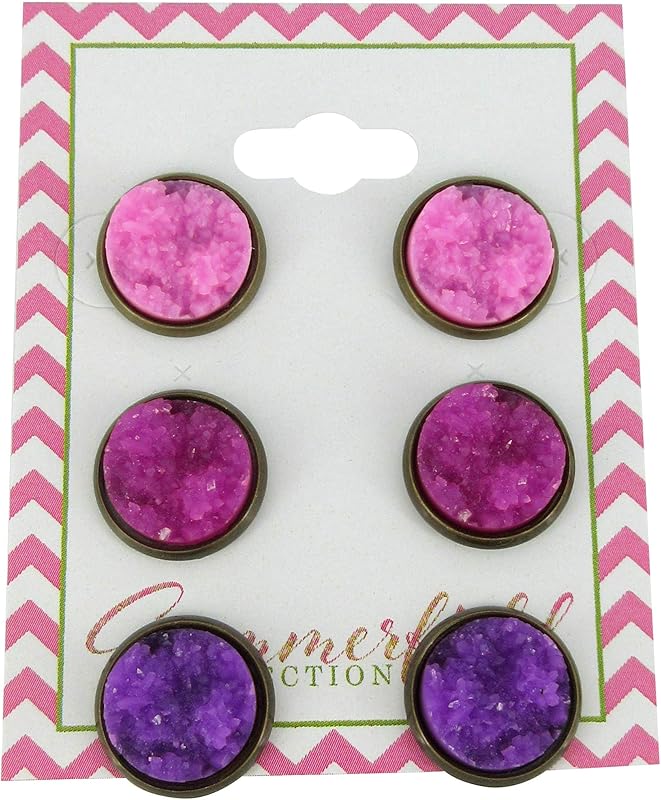 Summerfield Collection Trio Antiqued Gold-tone Purple Faux Druzy Stone Stud Earrings Set 12mm