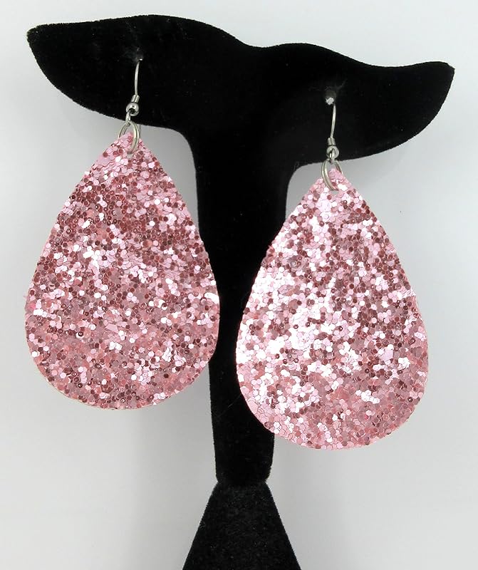 Summerfield Collection Silver-tone Glitter Faux Leather Large Teardrop Dangle Earrings (Light Pink)