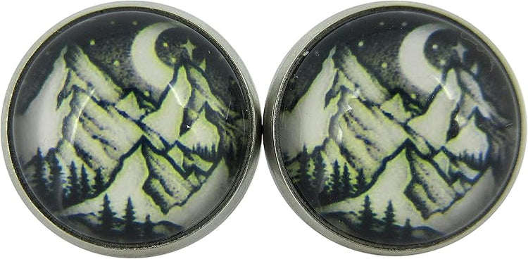 Summerfield Collection Stainless Steel Night Sky Moon Stars Snowy Mountain Print Glass Stud Earrings 12mm Black White Yellow