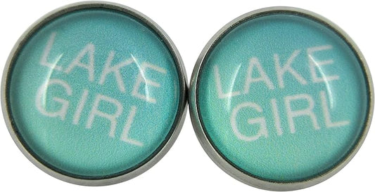 Stainless Steel Florida Girl Print Glass Stud Earrings 12mm (Lake Girl)