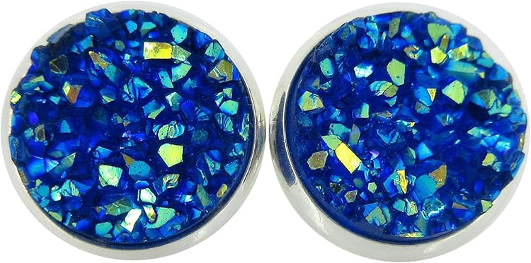 Summerfield Collection Silver-tone Solid AB Faux Druzy Stone Stud Earrings 12mm (Royal Blue)