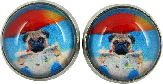 Summerfield Collection Stainless Steel Pug Dog on the Beach Print Glass Stud Earrings 12mm