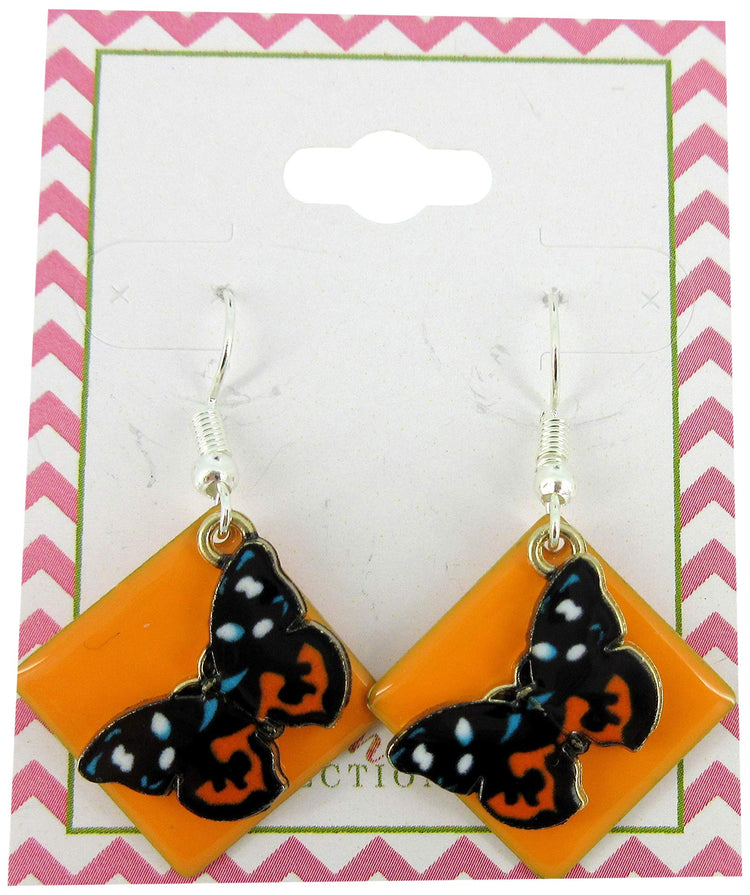 Silver-tone Orange Enamel Butterfly Charm Dangle Earrings