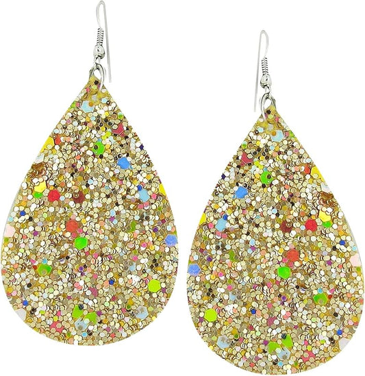 Summerfield Collection Silver-tone Glitter Faux Leather Large Teardrop Dangle Earrings (Gold and Rainbow)