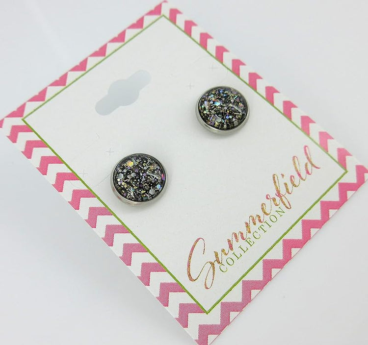 Summerfield Collection Stainless Steel Metallic Black with Silver and Gold Glitter Glass Stud Earrings Hand-painted 10mm
