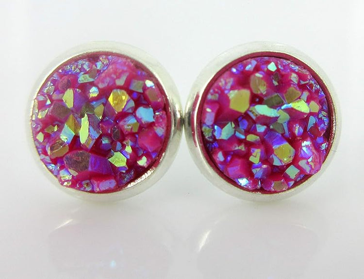 Summerfield Collection Duo Silver-tone Faux Druzy Stone Stud Earrings 8mm Set (Aqua Blue/Deep Pink AB)